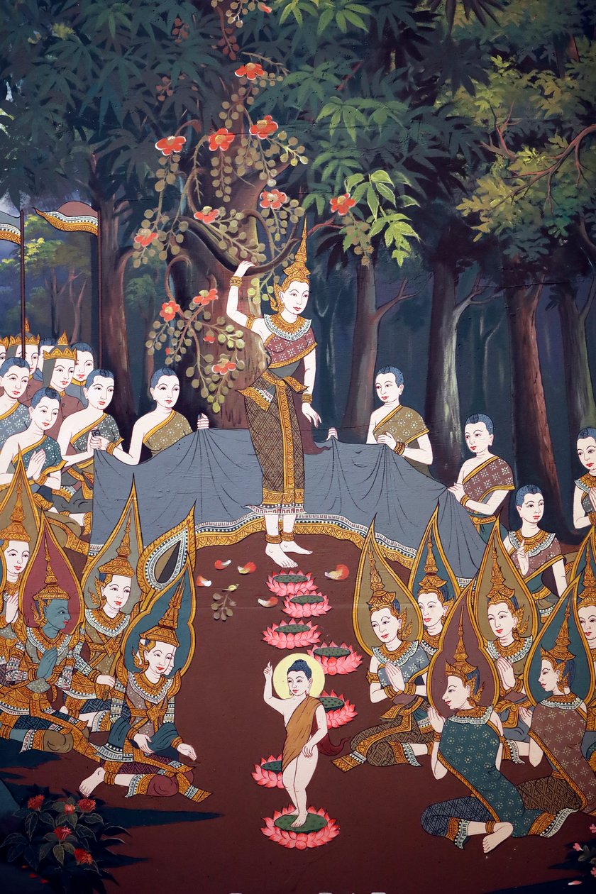 The birth of infant Siddhartha, Wall fresco, Wat Botum temple, Phnom Penh, 2022 by Unbekannter Künstler