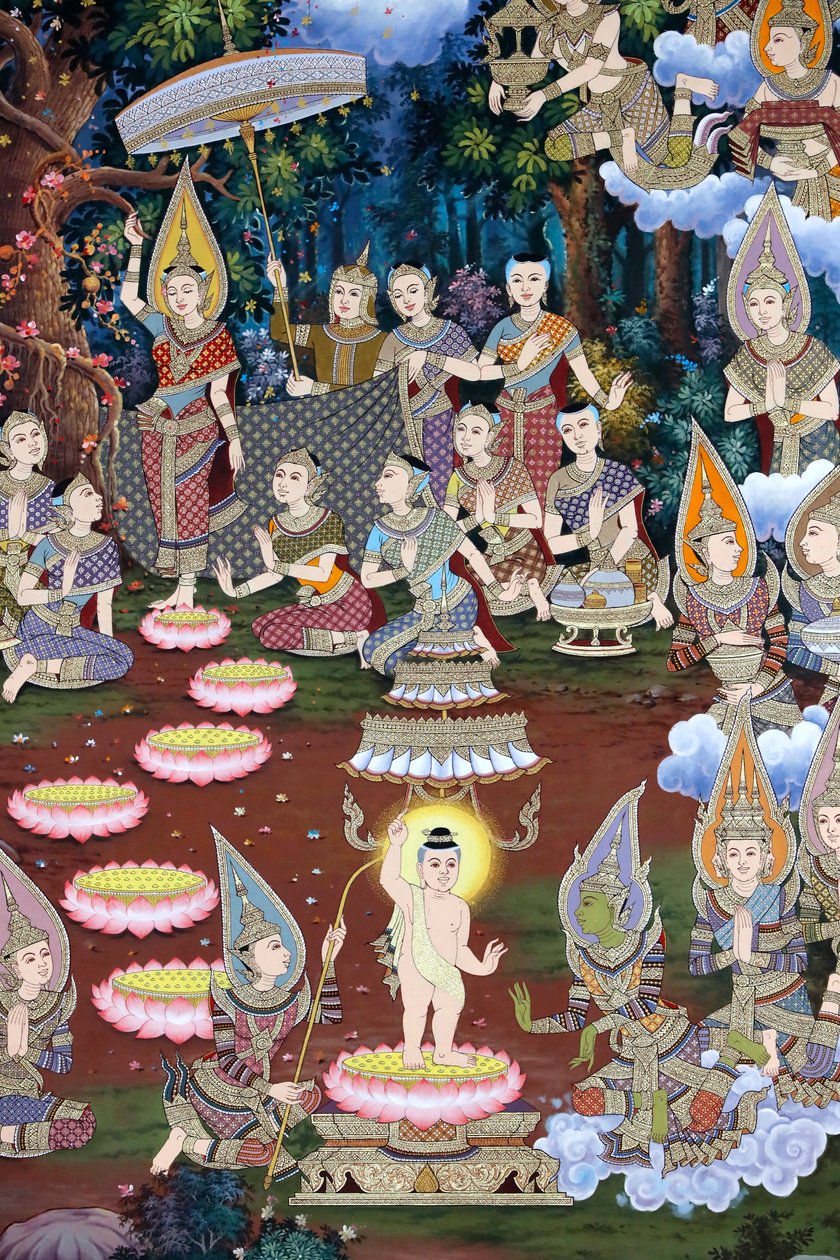 The Birth of Infant Siddhartha, Wall Fresco, Wat Maniratanaram Monastery, Phnom Penh, 2022 by Unbekannter Künstler