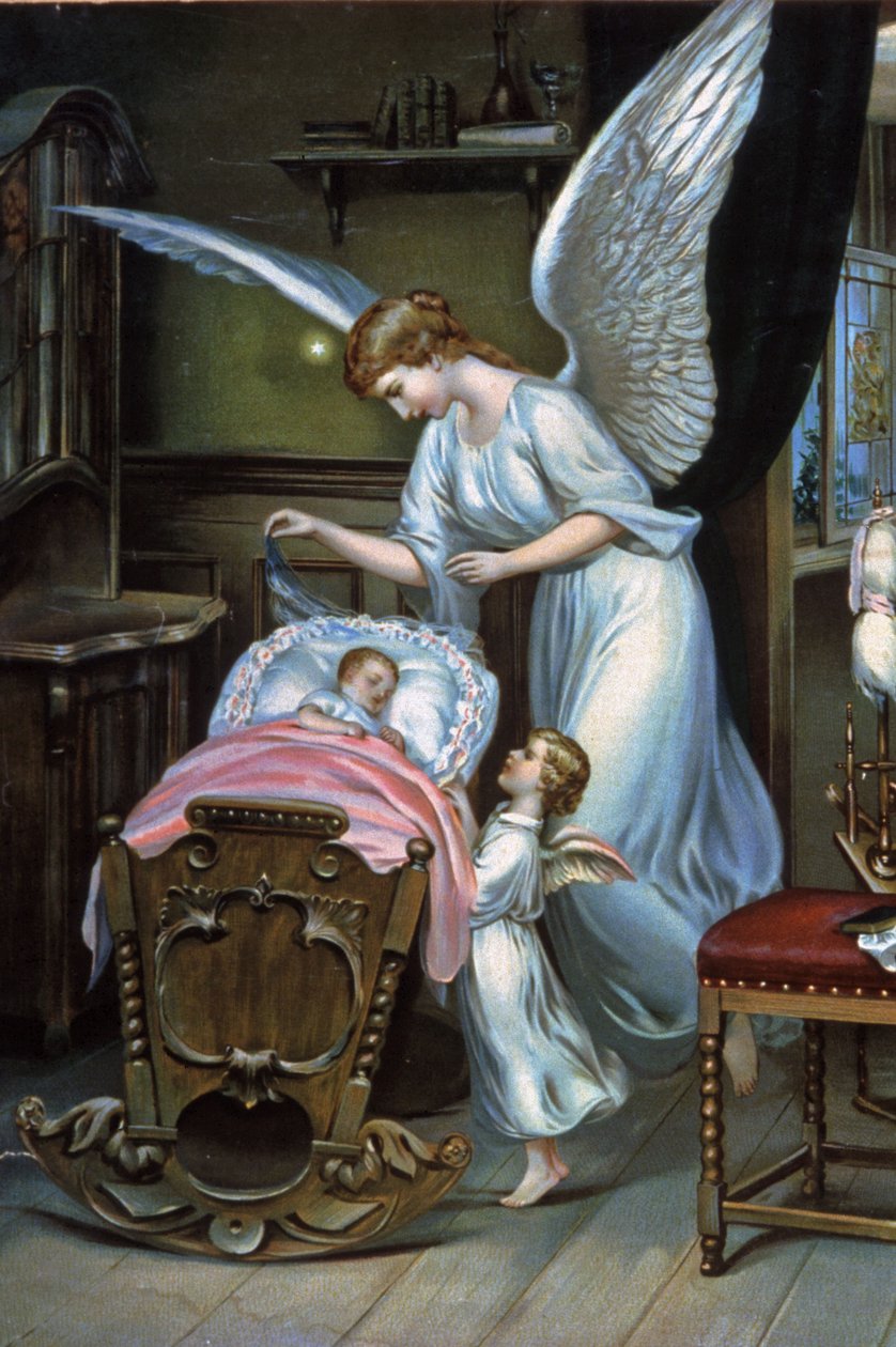 The Guardian Angel Watching Over the New Born, Late 19th Century by Unbekannter Künstler