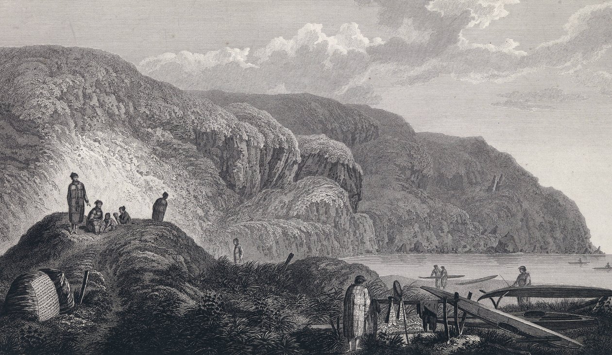 The Inhabitants of Oonalashka and Their Homes. Engraving after John Webber by Unbekannter Künstler