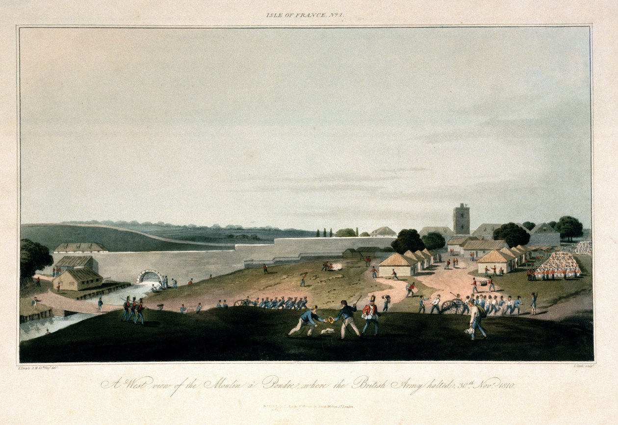 The Île de France (Mauritius), Western View of the Mill in Pondre, Where the British Army Remained Stationed on 30 November 1810. Etching in Colors by Unbekannter Künstler