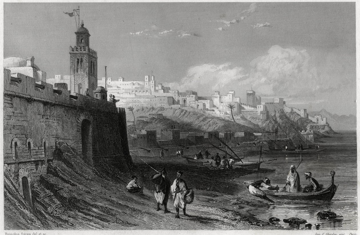 The picturesque port of the fortified city of Tangier in the 19th century, in the book on the Mediterranean by Louis Enault, a French journalist and traveller by Unbekannt