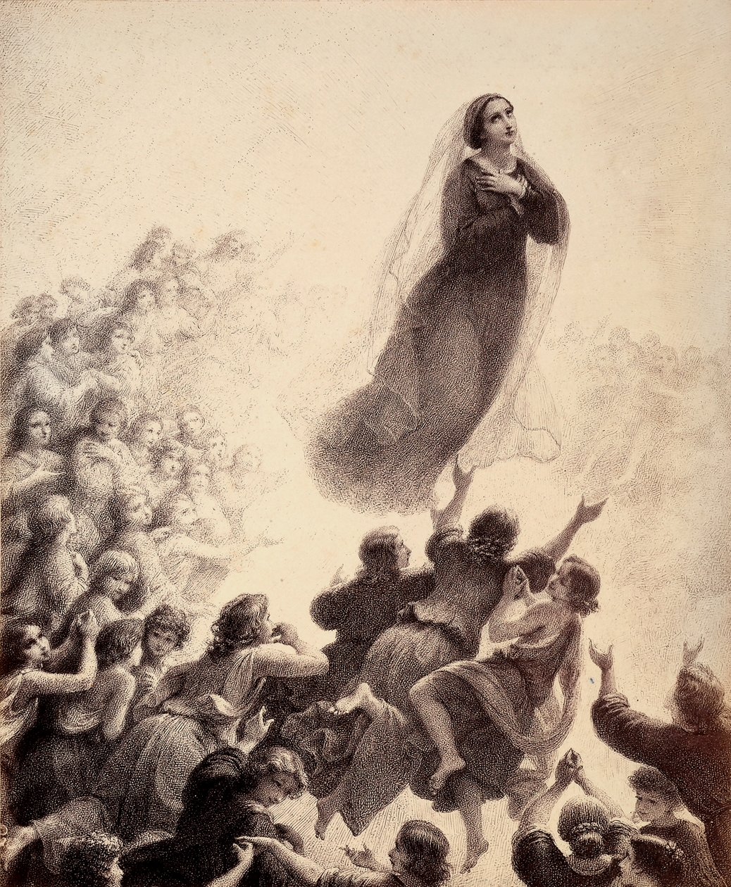 The spirits of the blessed, with outstretched arms, accompany Mary