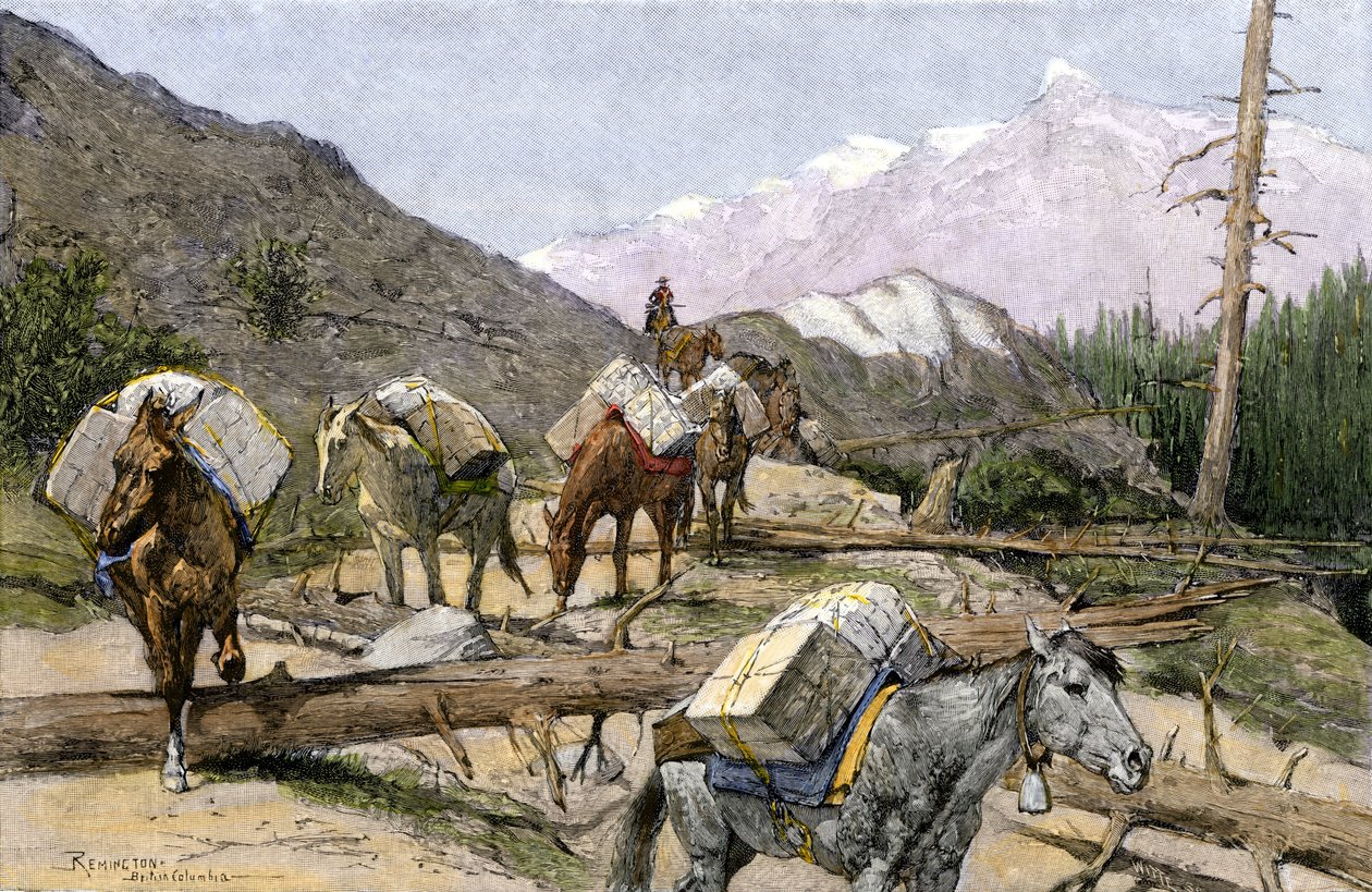 Transport of Supplies and Furs on Horseback in the Rocky Mountains, USA. From an Illustration by Frederic Remington by Unbekannter Künstler