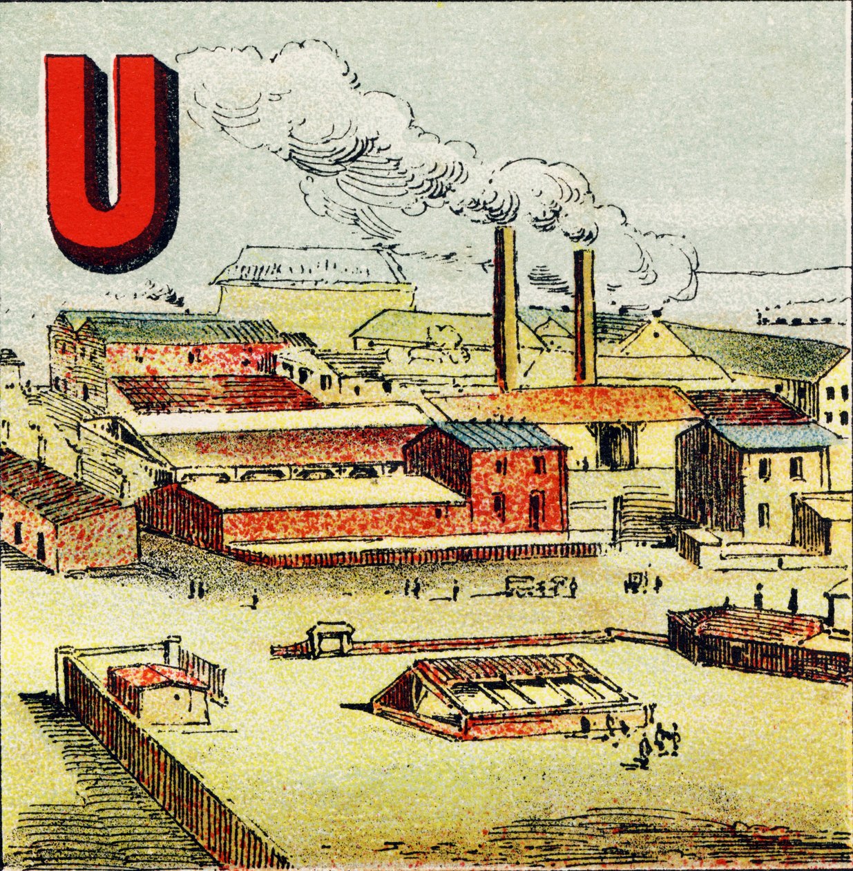U: Factory. A Factory is a Huge Plant with Many Machines; Like the Gigantic Factory of Le Creusot - Engraving from Alphabet Geographique. Guerin-Muller et Cie, publishers, Paris by Unbekannt
