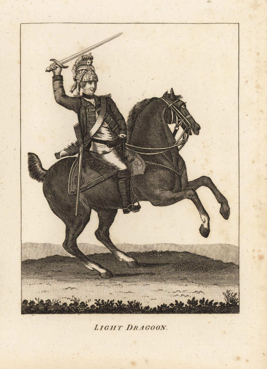 Uniform of Light Dragoon cavalry, with sword, musket and helmet by Unbekannt