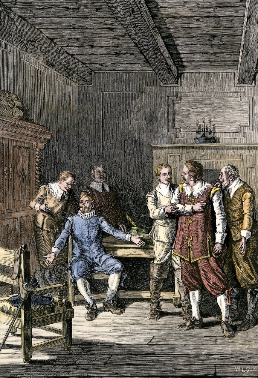 Dispute Between John Winthrop and Thomas Dudley in the Massachusetts Bay Colony, Colour Engraving of the 19th Century by Unbekannter Künstler