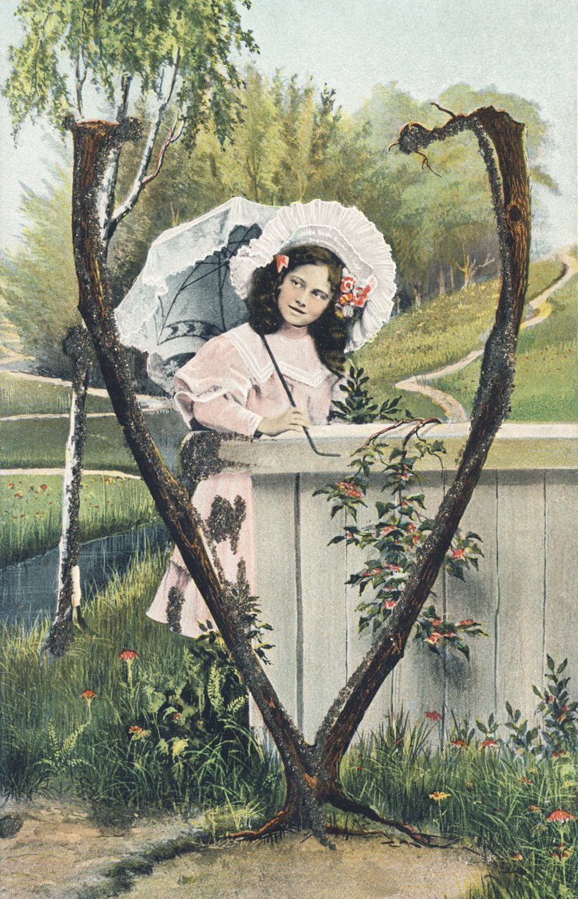 V: A Young Girl in a Pink Dress, a Bonnet on Her Head, Holding a Parasol, Standing in a Countryside Setting - Alphabet Characters Ref Th. E., L. Theochrom - Series 994. Theodor Eisman, publisher, Leipzig by Unbekannt