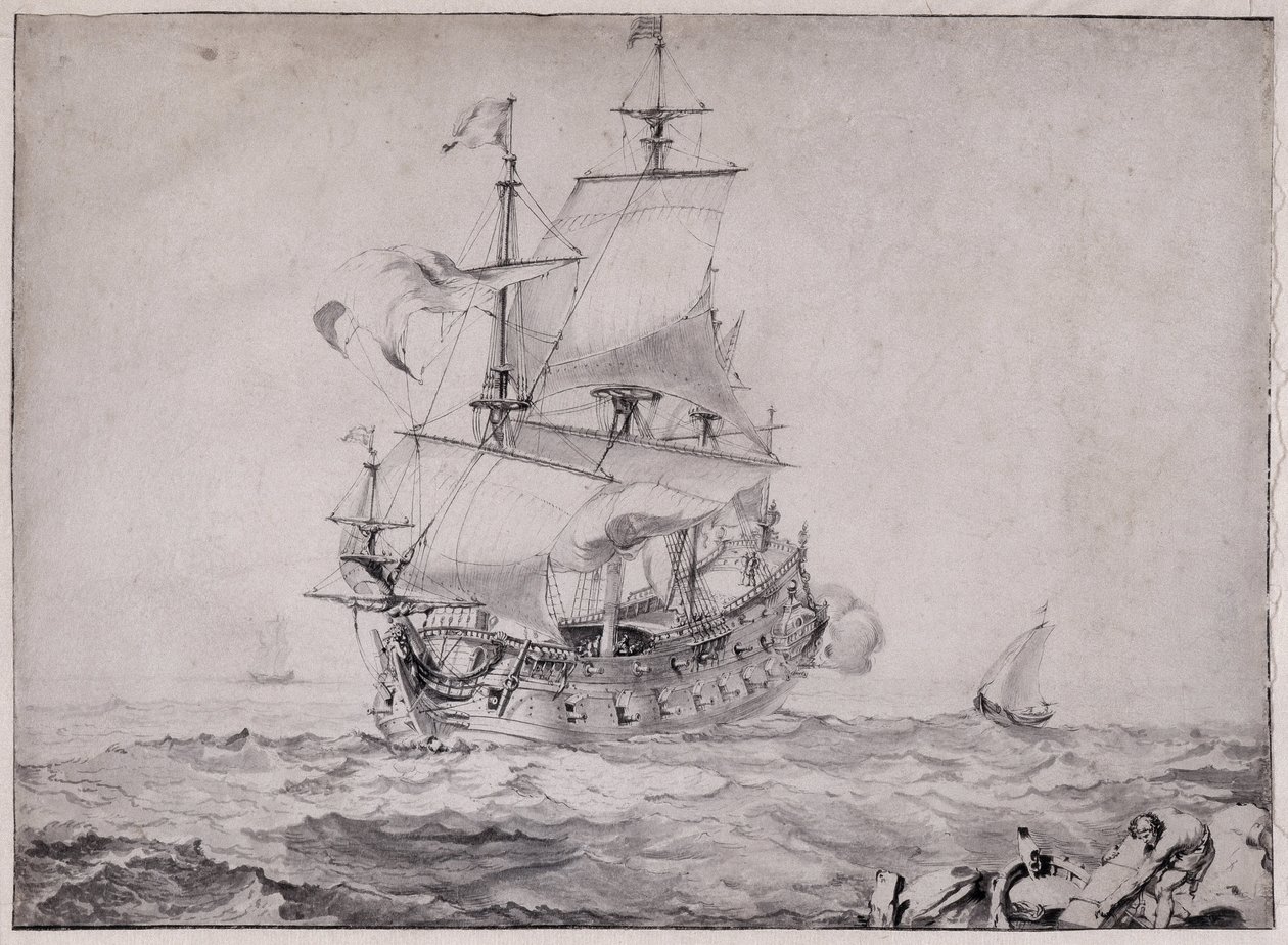 Vessels at Sea Firing the Cannon (drawing by Pierre Puget) by Unbekannter Künstler