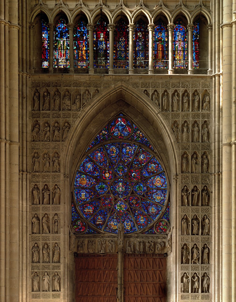 View Looking West from the Nave, Rose Window Designed by Bernard de Soissons, with Surrounding Statues by Unbekannt