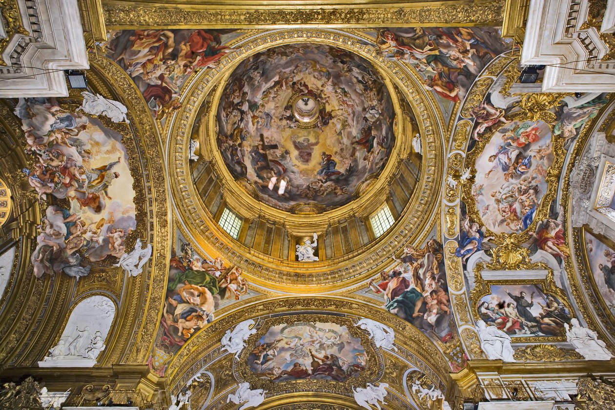 View of the dome, the pendentives, the faults of the transept and the antechoir with frescoes by Baciccia, Church of the Gesù, Rome, Italy by Unbekannter Künstler