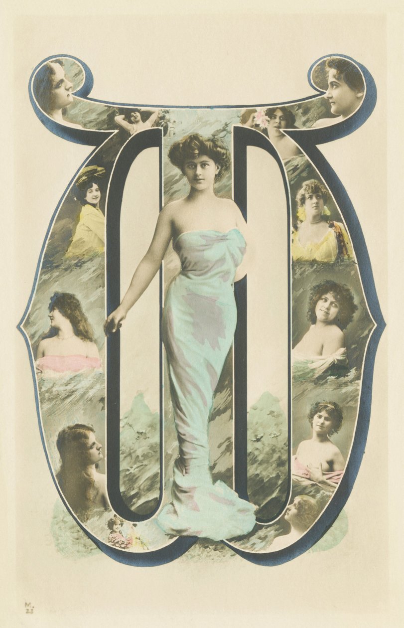 W: photo-portrait of woman standing in a blue drape by Unbekannt