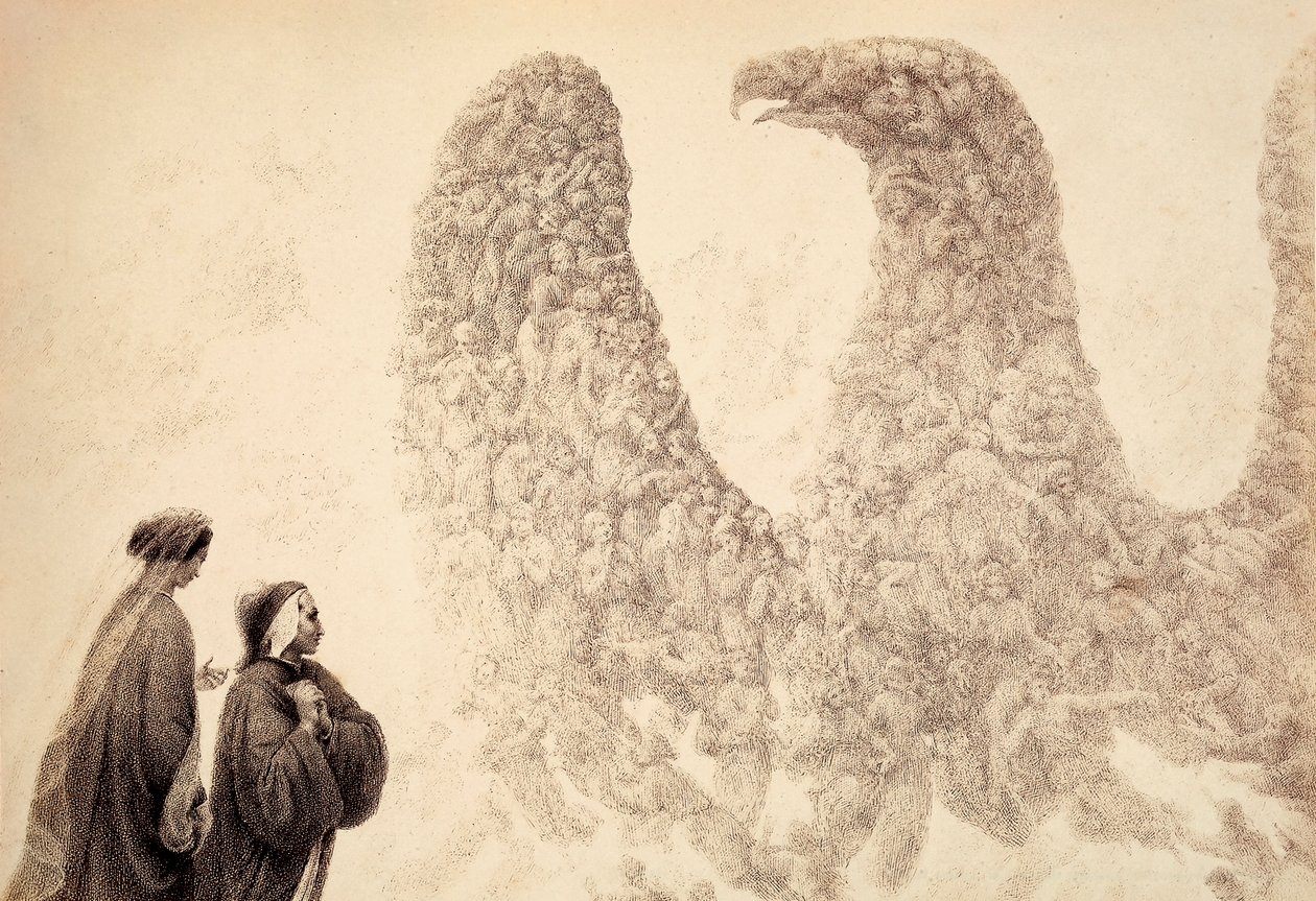 Within the Sphere of Jupiter, Dante sees the blessed spirits arrange themselves in the form of an eagle, symbol of the Empire. Illustration of Canto XVIII in Paradiso of The Divine Comedy by Dante Alighieri. Work of Francesco Scaramuzza by Unbekannter Künstler