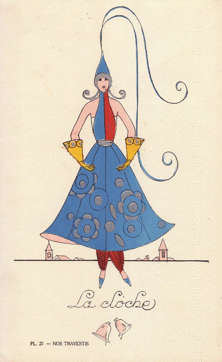 Woman in bell fancy dress costume with bell-shaped hat, dress and gloves, and belltowers in the background by Unbekannter Künstler