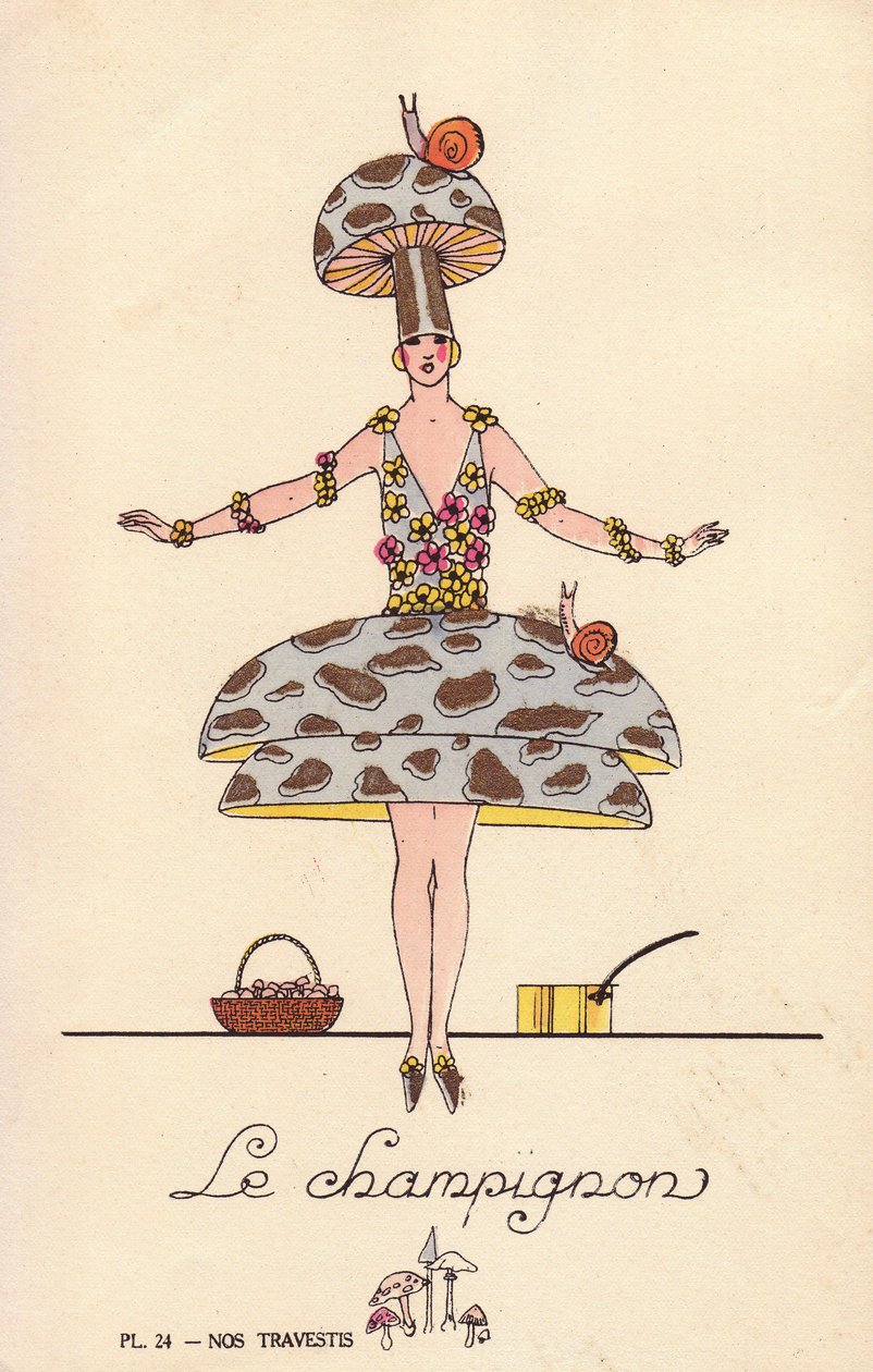 Woman in mushroom fancy dress costume, le mushroom, hat and dress in mushroom form, decorated with snails and flowers. Lithograph by unknown artist with stencil handcolouring from “Nos Travestis” (Our Fancy Dress Costumes), Paris by Unbekannter Künstler
