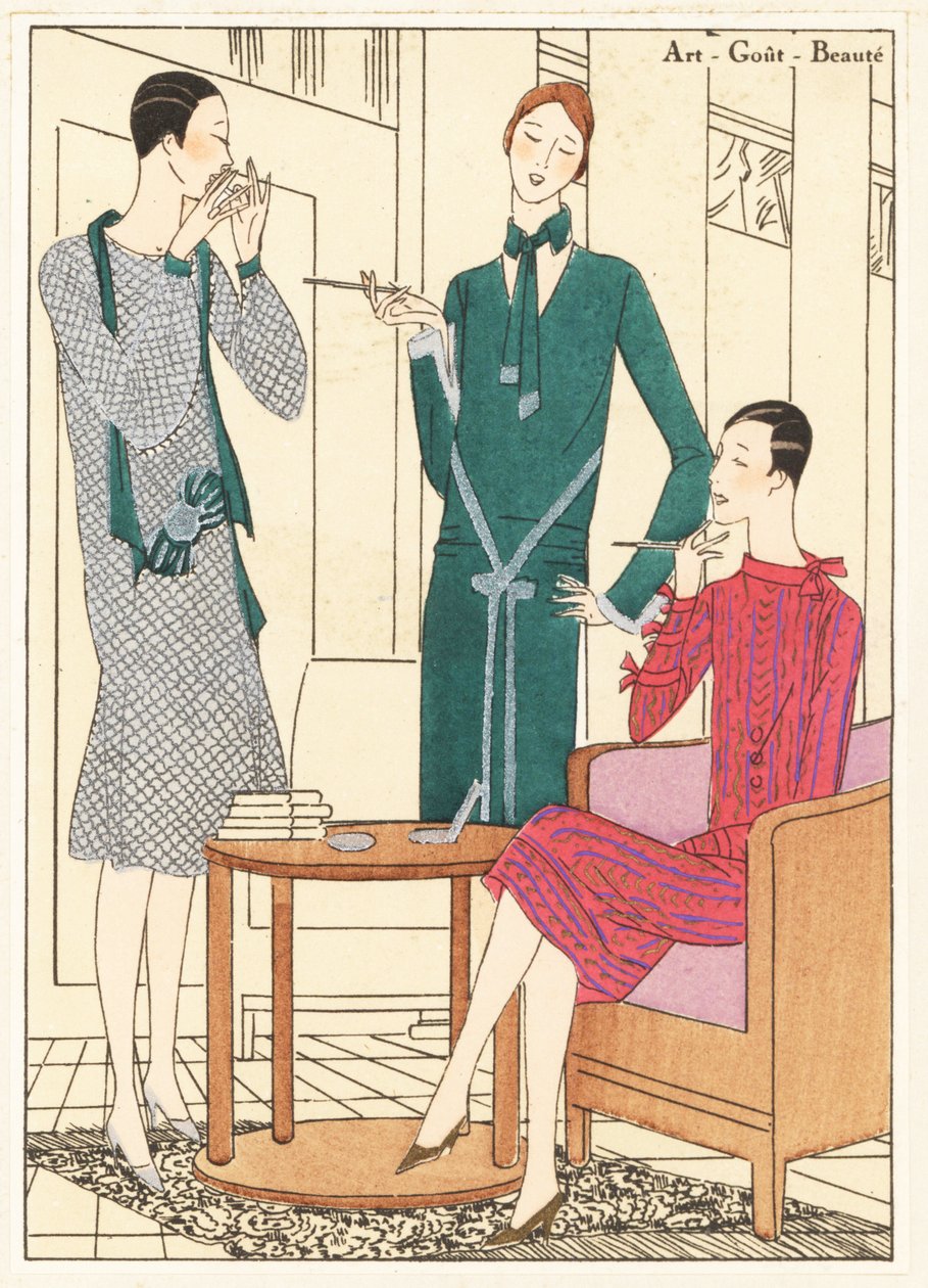 Women smoking in a chic interior in a dinner dress, gold blade and green velvet, afternoon dress in green wool, and afternoon dress in gold and red blade dress by Unbekannter Künstler