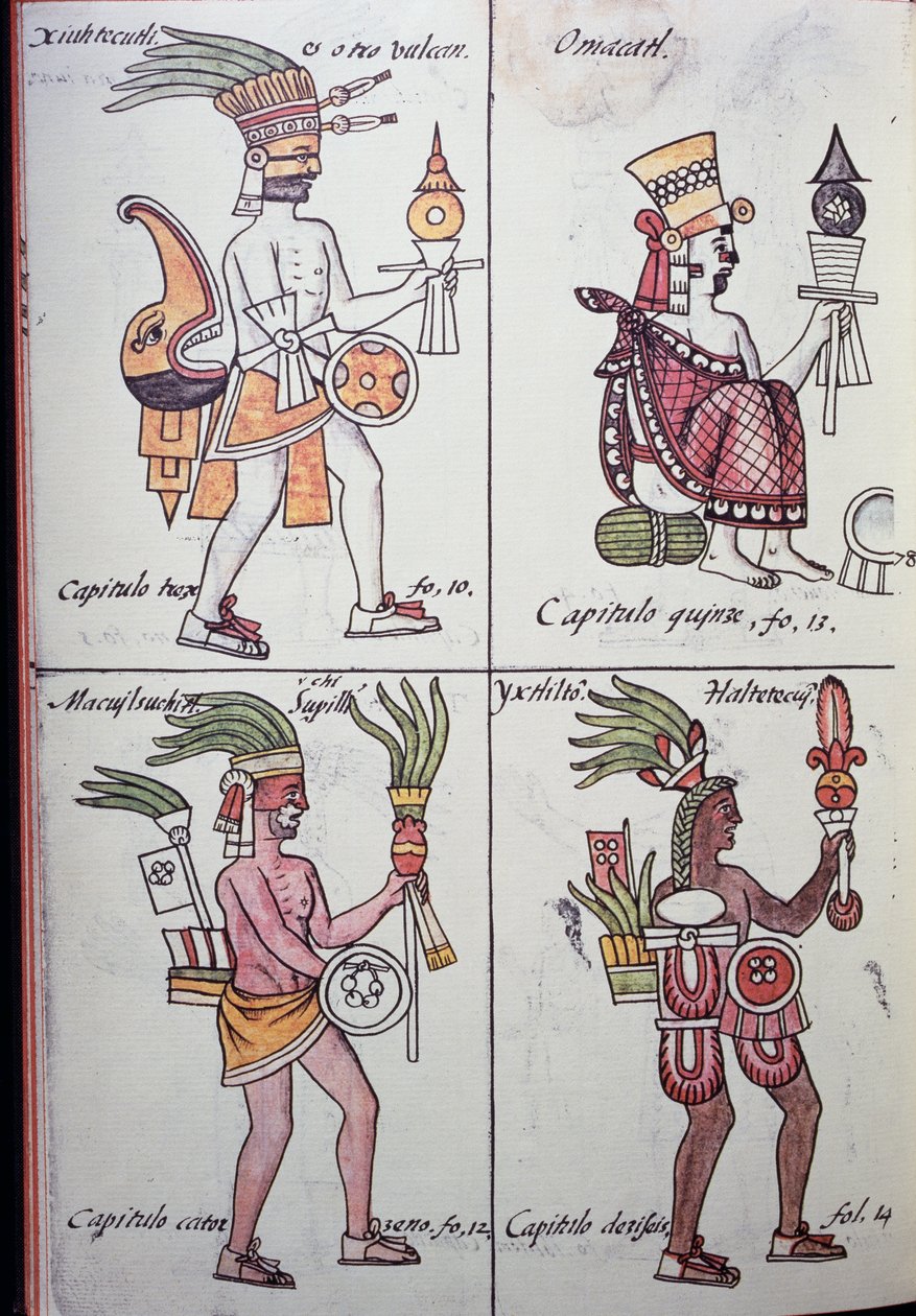 Xiuhtecuhtli, Omacatl, Macuilxochitl, Ixtlilton, Page from Florentine Codex, Version in Spanish and Nahuatl, General History of the Things of New Spain (Historia general de las cosas de Nueva Espana) by Benjamin Baud