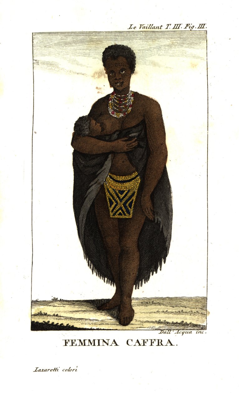 Young San Woman Nursing Child, South Africa. She wears a cape, necklaces and beaded skirt. From Francois Le Vaillant by Unbekannter Künstler