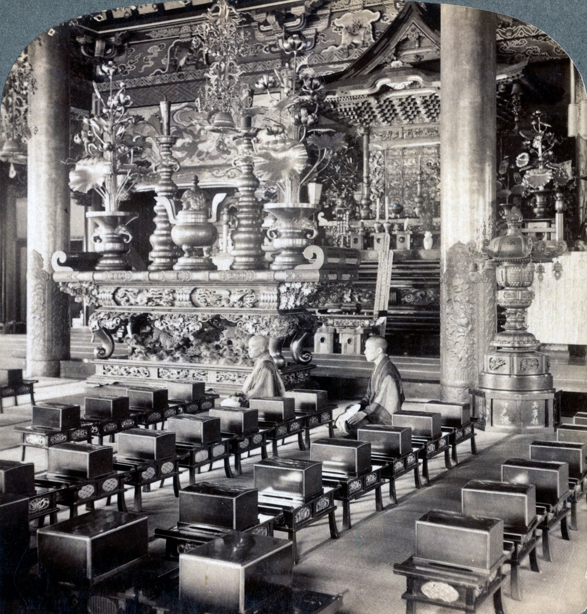 Buddhist Priests in Ikegami Temple, Omori, Japan, 1904 by Underwood and Underwood
