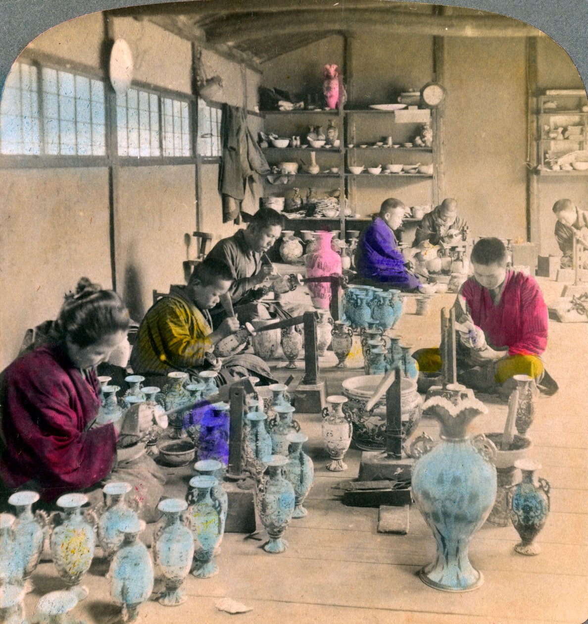 Decorating Awata porcelain ware in the famous Kinkosan works, Kyoto, Japan by Underwood and Underwood