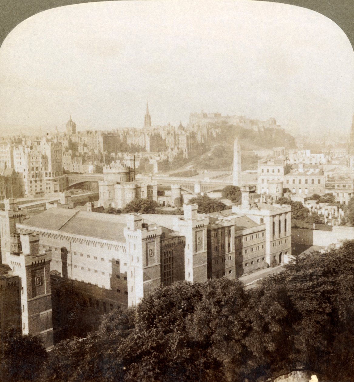 Edinburgh, from Calton Hill, S.W. to the Castle, Over Old Burial Ground, Scotland by Underwood and Underwood