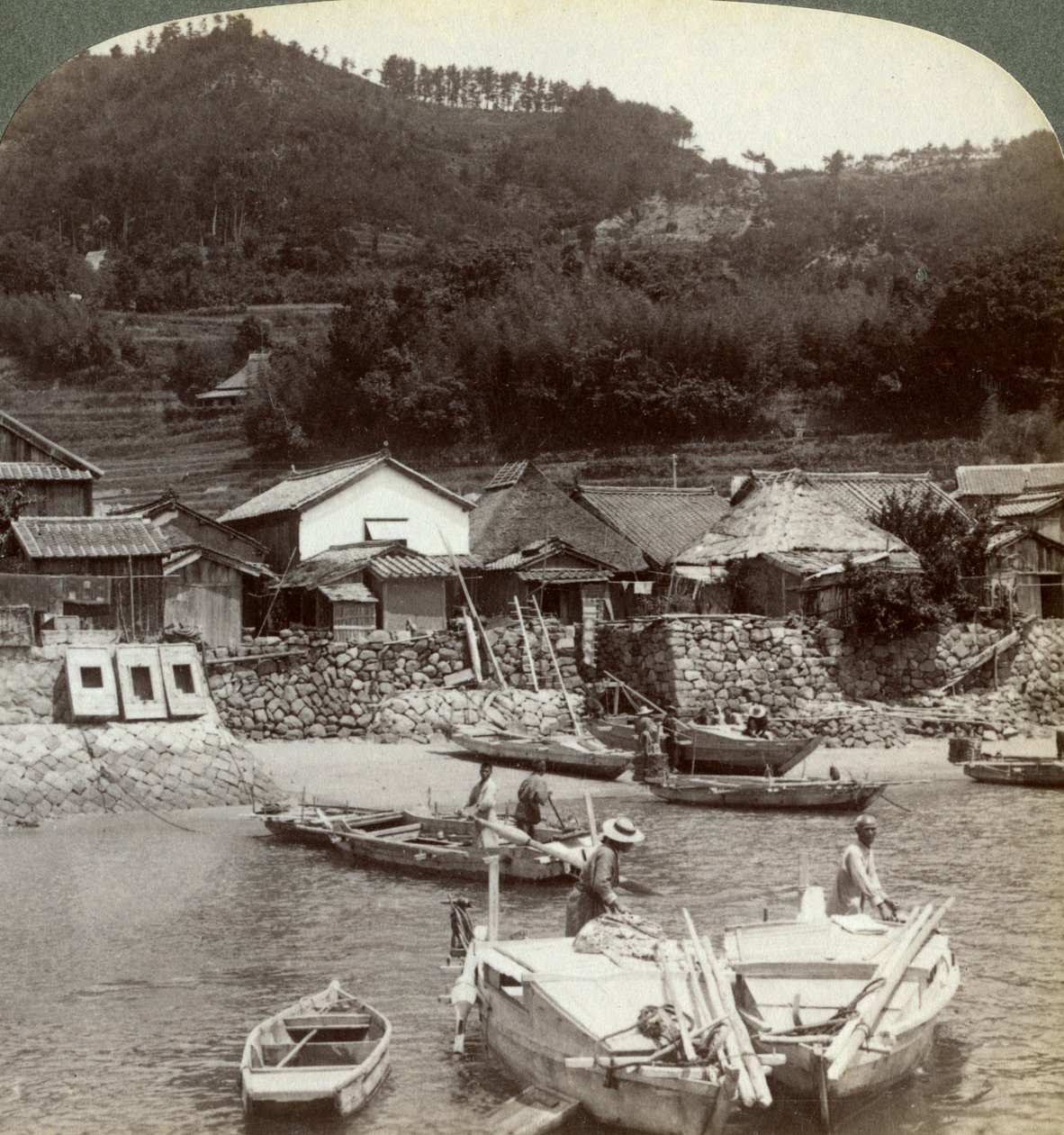 Fishing village of Obatake on the Inland Sea, looking north to the terraced rice fields, Japan, 1904 by Underwood and Underwood