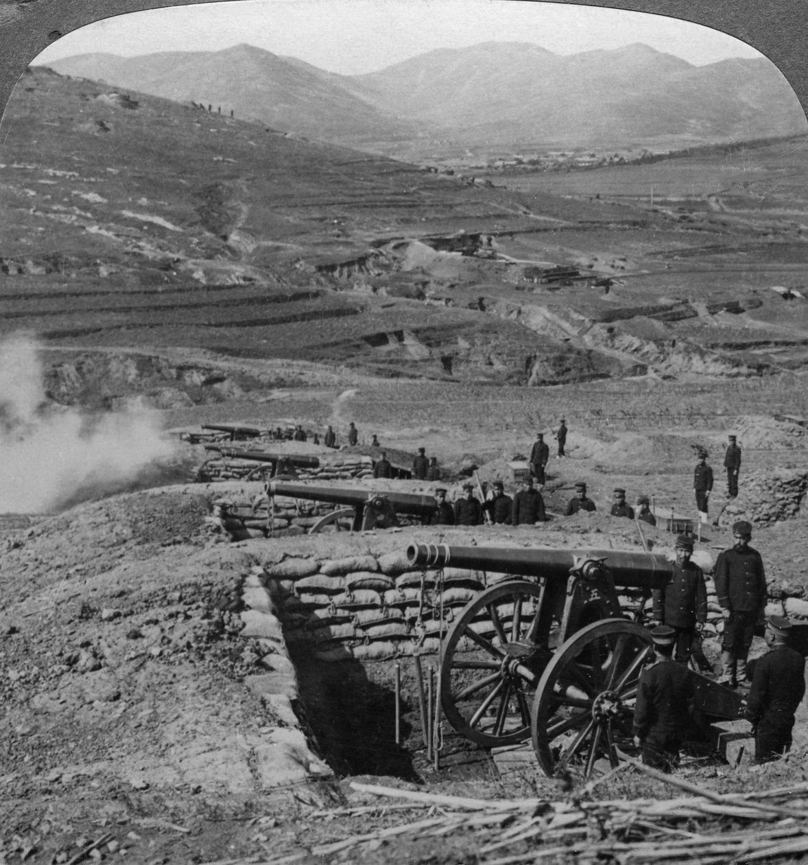 Japanese Batteries Firing on Russian Forts, Siege of Port Arthur, Russo-Japanese War by Underwood and Underwood