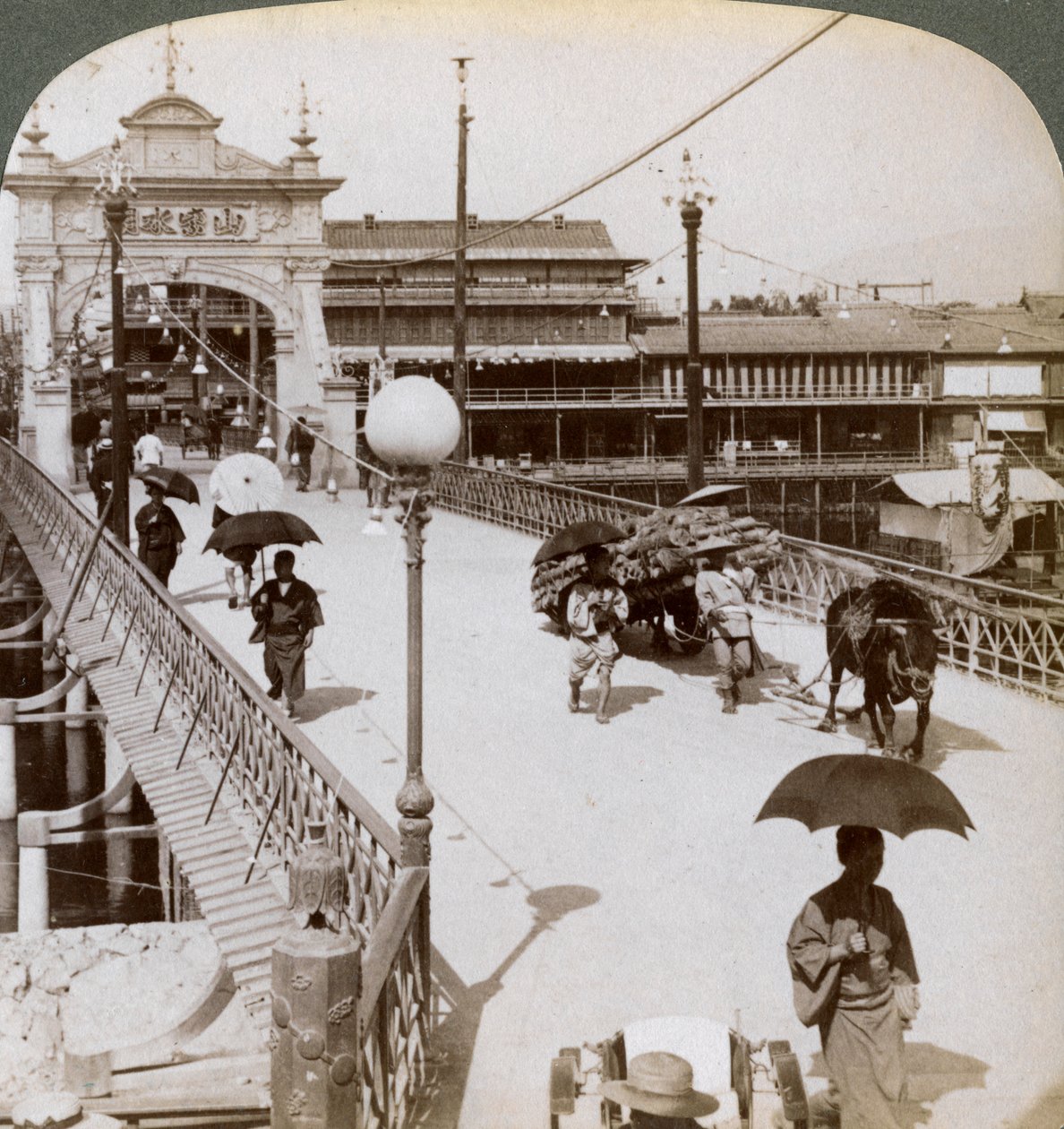 Looking West over the Kamo River Kamogawa at Shijo Bridge, Kyoto, Japan, 1904 by Underwood and Underwood