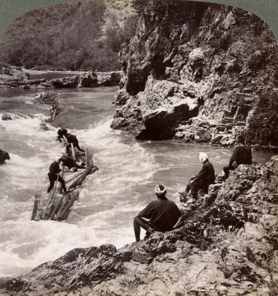 Men on a Log Raft, Shooting the Hozu Rapids on the Katsura River, Kyoto, Japan, 1904 by Underwood and Underwood