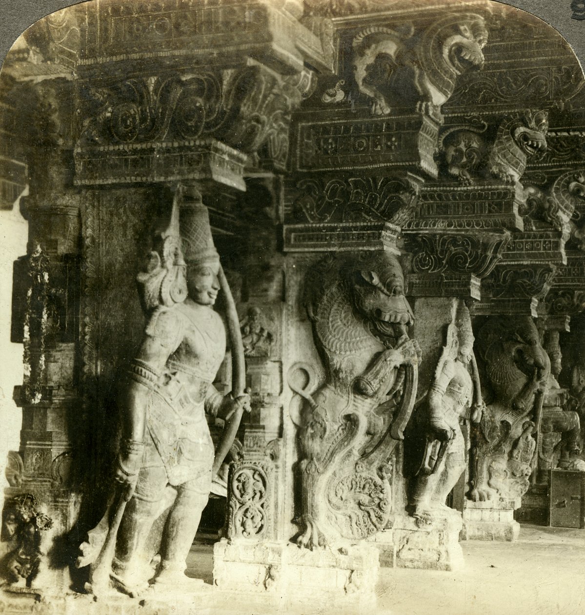 Pillars of a Hindu Temple, Madurai, India by Underwood and Underwood