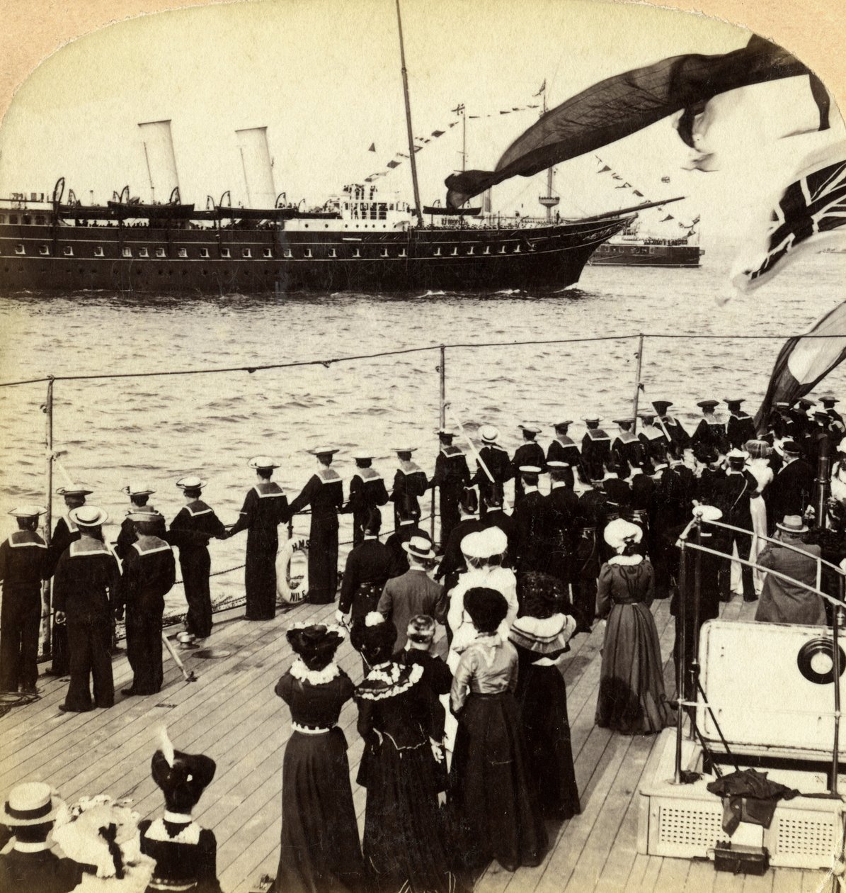 Royal Yacht passing the battleship HMS Nile, Coronation Review, Spithead, Hampshire, 1902 by Underwood and Underwood