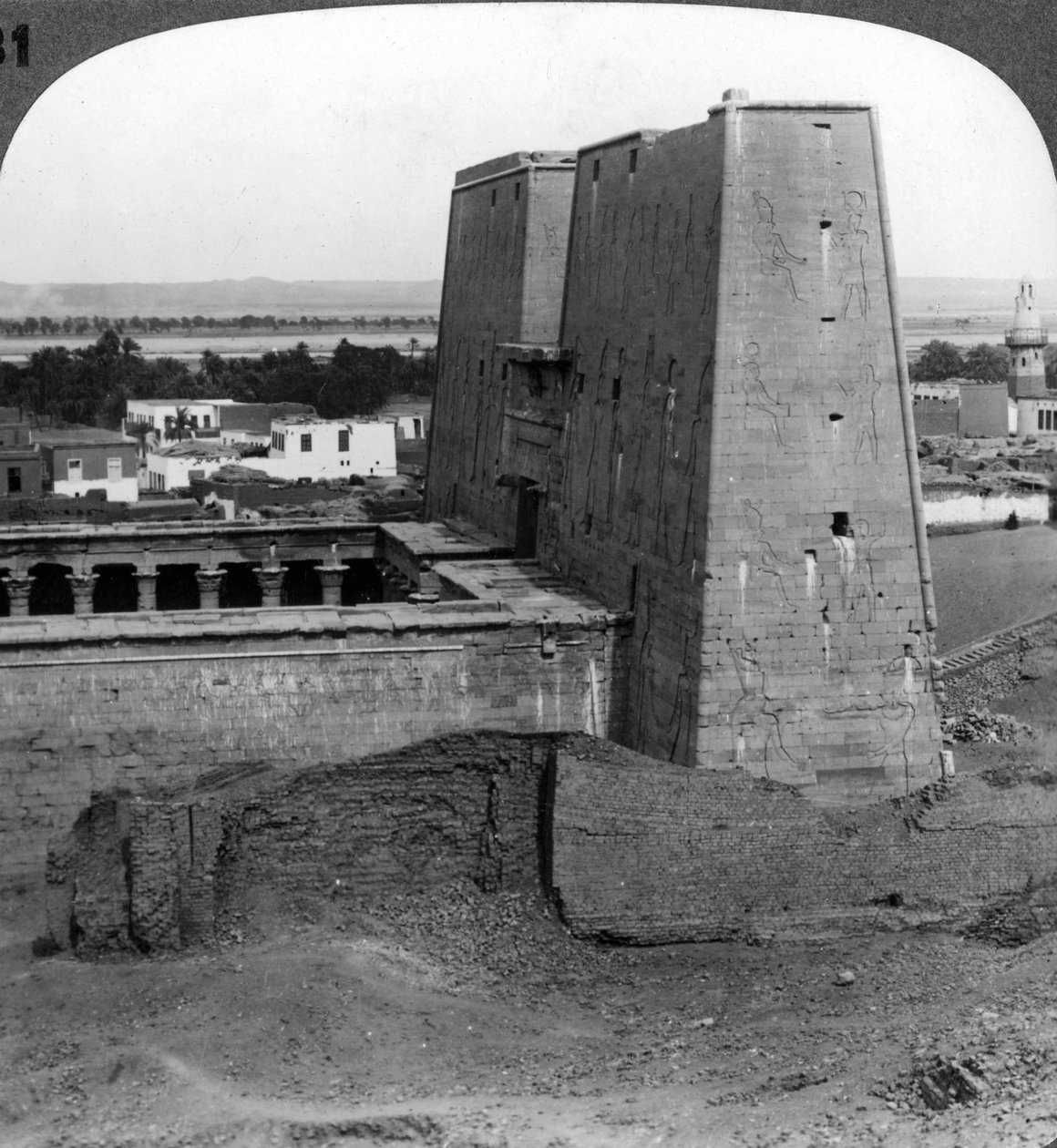 The pylon and court of the temple of Horus at Edfu, Egypt by Underwood and Underwood