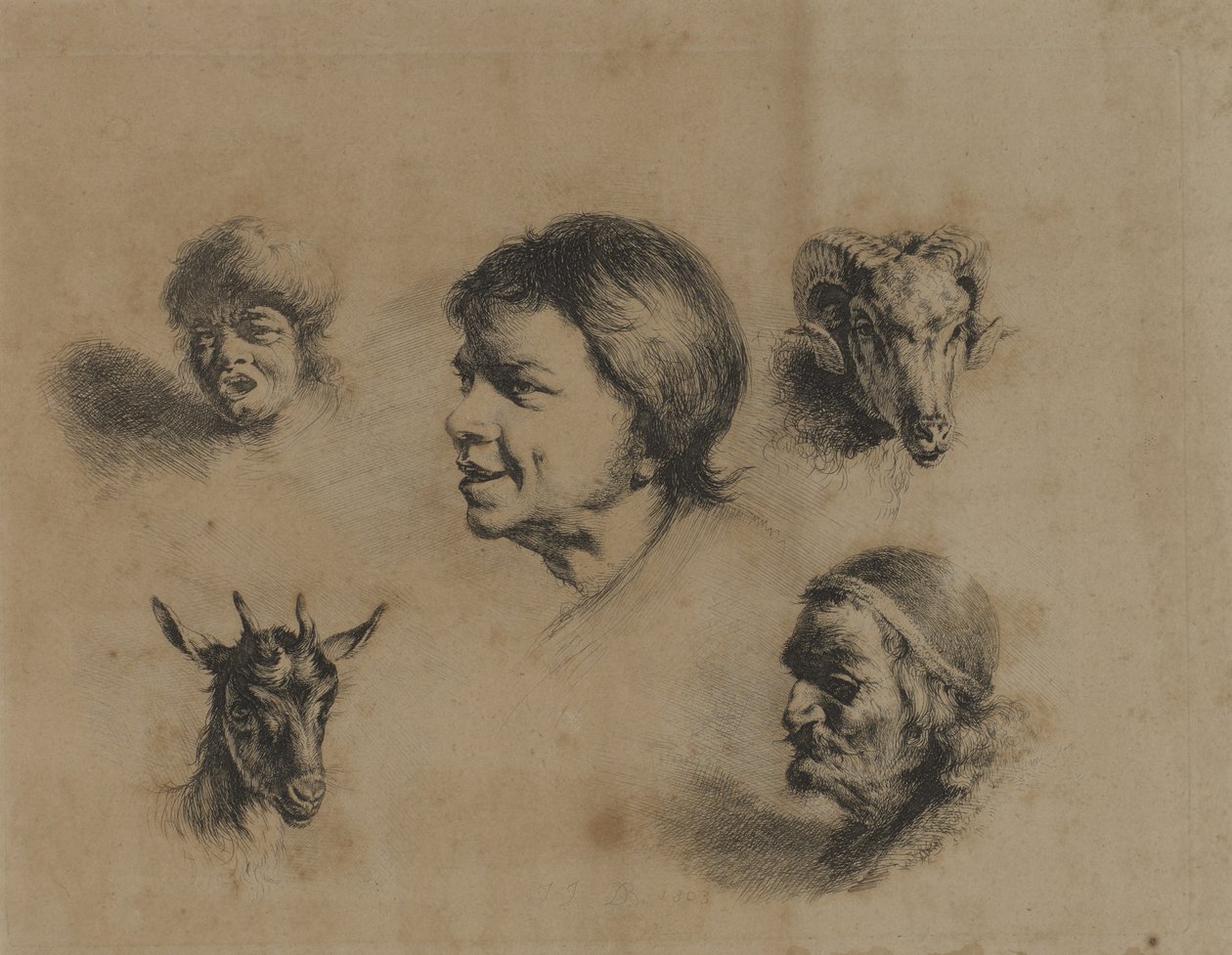 Heads--Three People, Two Animals by Unidentified