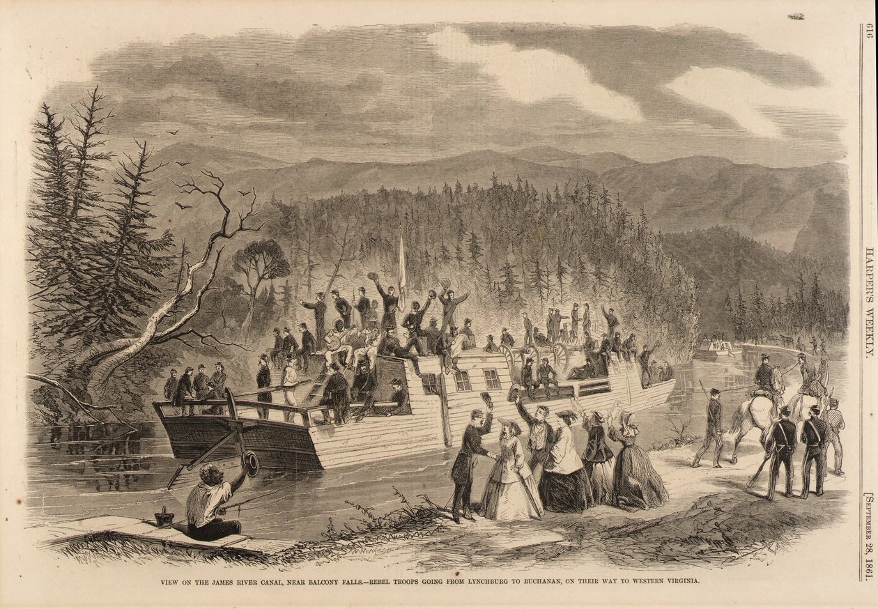 View on the James River Canal, near Balcony Falls. Rebel Troops Going from Lynchburg to Buchanan, on Their Way to Western Virginia, from Harper