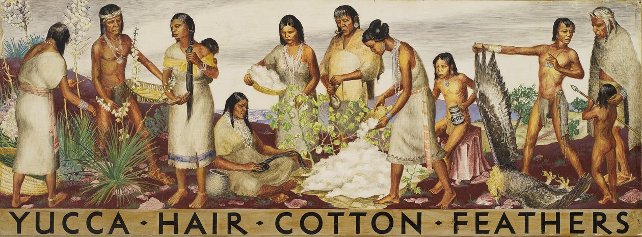Yucca, Hair, Cotton, Feathers (mural study) by Unidentified