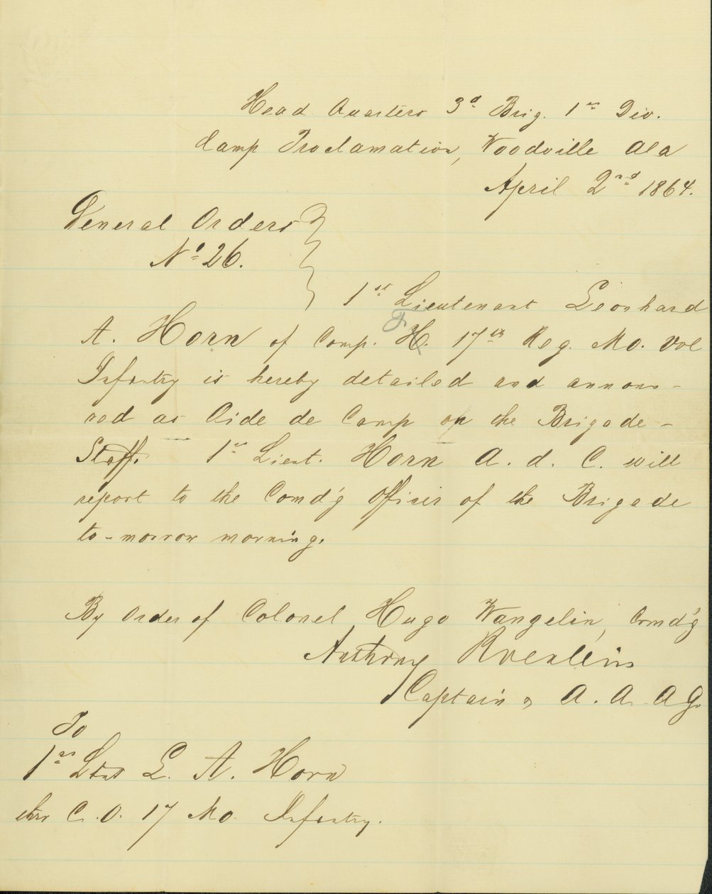 Announces that Leonard A. Horn is Detailed as Aide de Camp on the Brigade Staff by Unknown