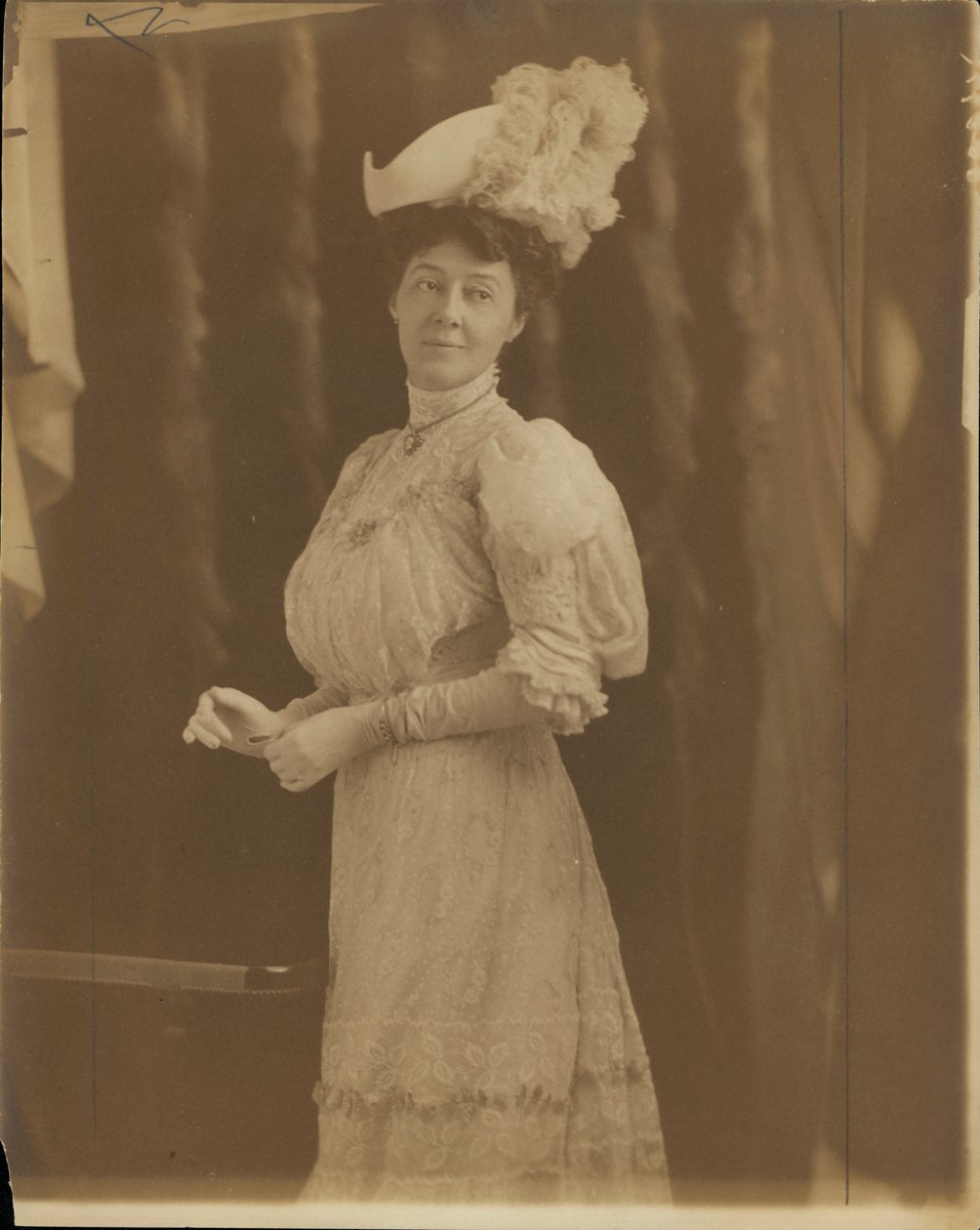 Mrs. Lon Stephens, née Margaret Nelson. Wearing Lace High-necked Dress and Plumed Hat by Unknown