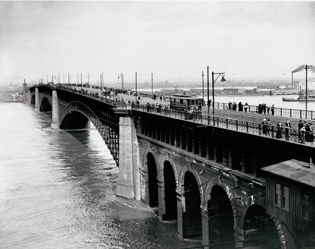 Pedestrian and Trolley Traffic on Eads Bridge During 1903 Flood by Unknown