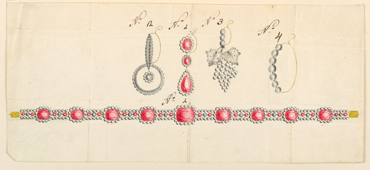 Designs for a Necklace and Four Earrings by Unknown