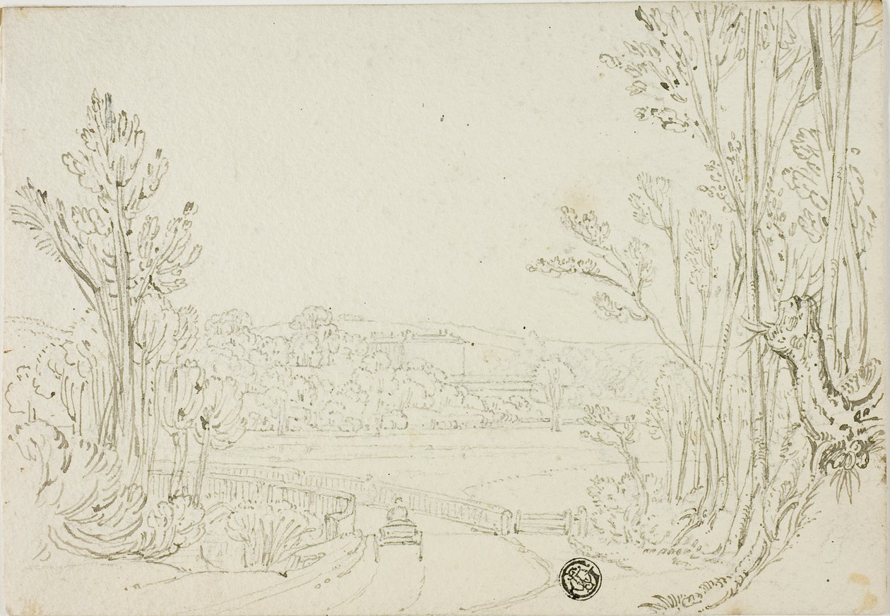 Cart Heading over Bridge Between Trees; Villa in Distance by Unknown