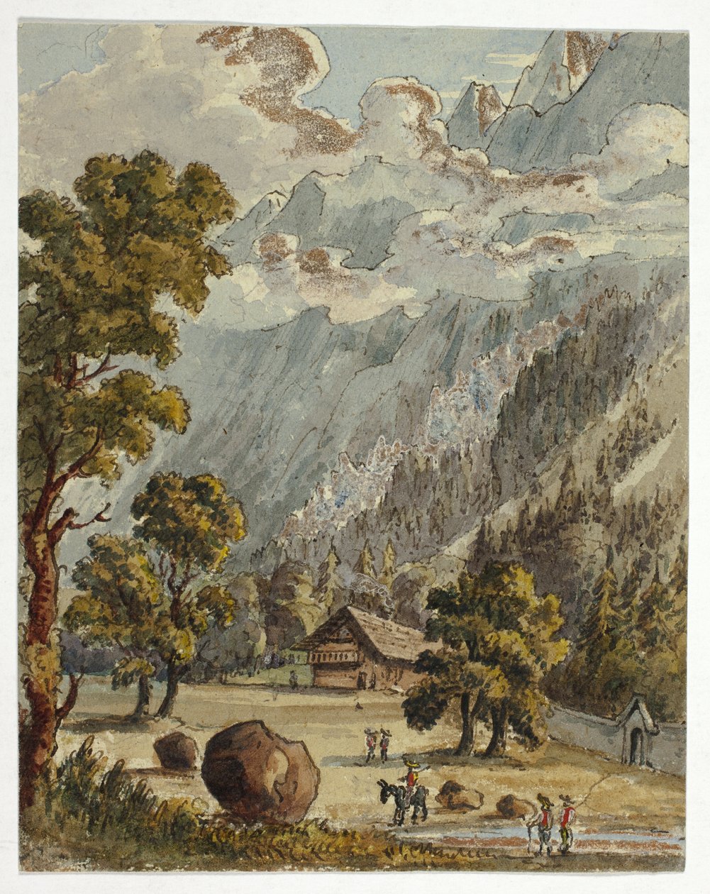Chalet and Garden below Alps (front); Village & Glacier du Boissons, Chamix (back) by Unknown