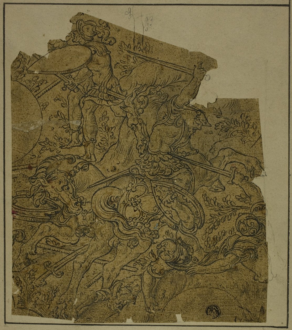 Fragment: Armed Warriors on Horseback Fighting Foot Soldiers by Unknown
