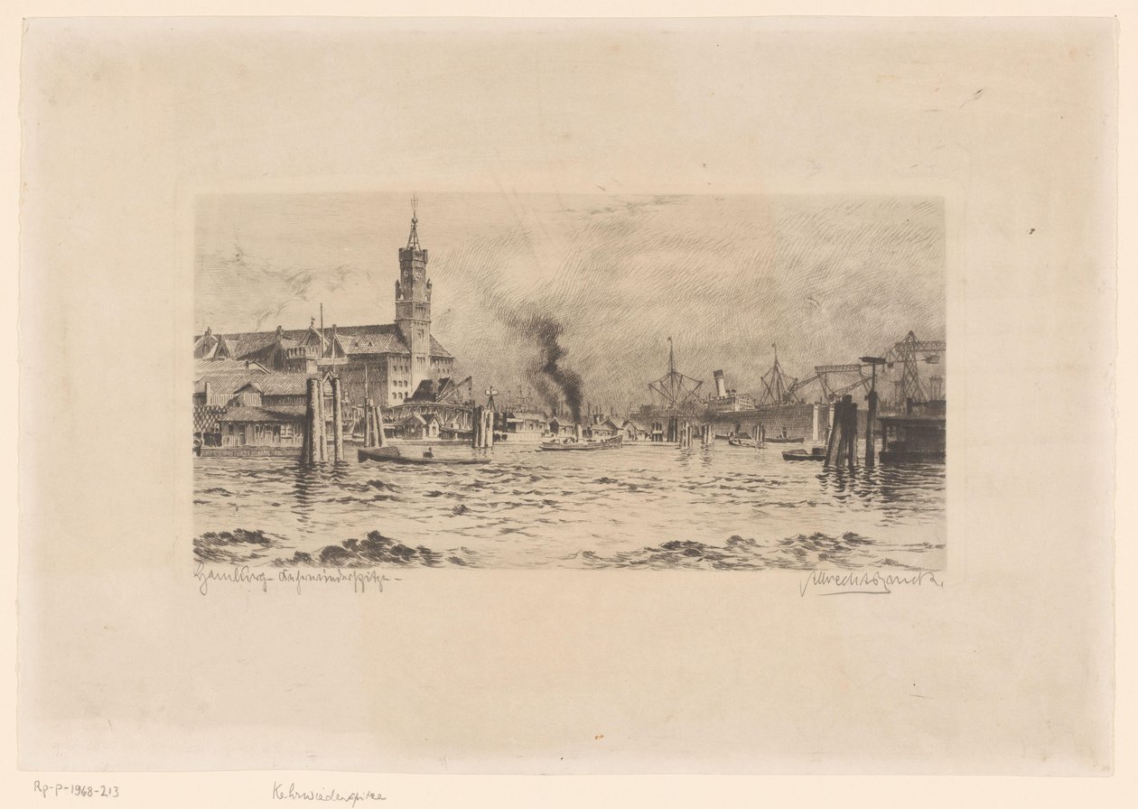 View of the Kehrwiederspitze and a Church in Hamburg by Unknown