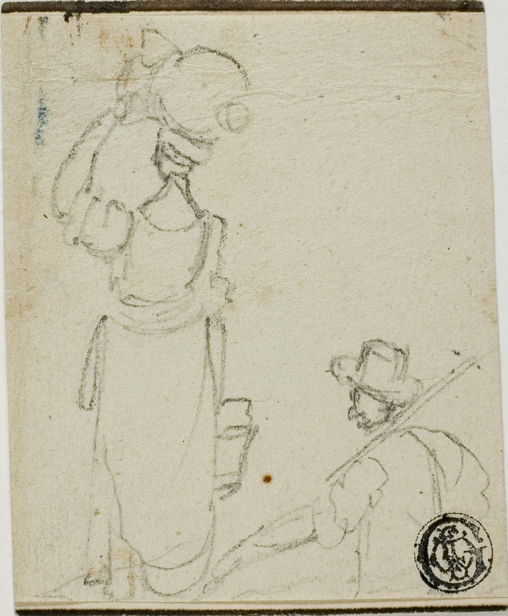Man with Pole Following Woman with Jug on Head by Unknown