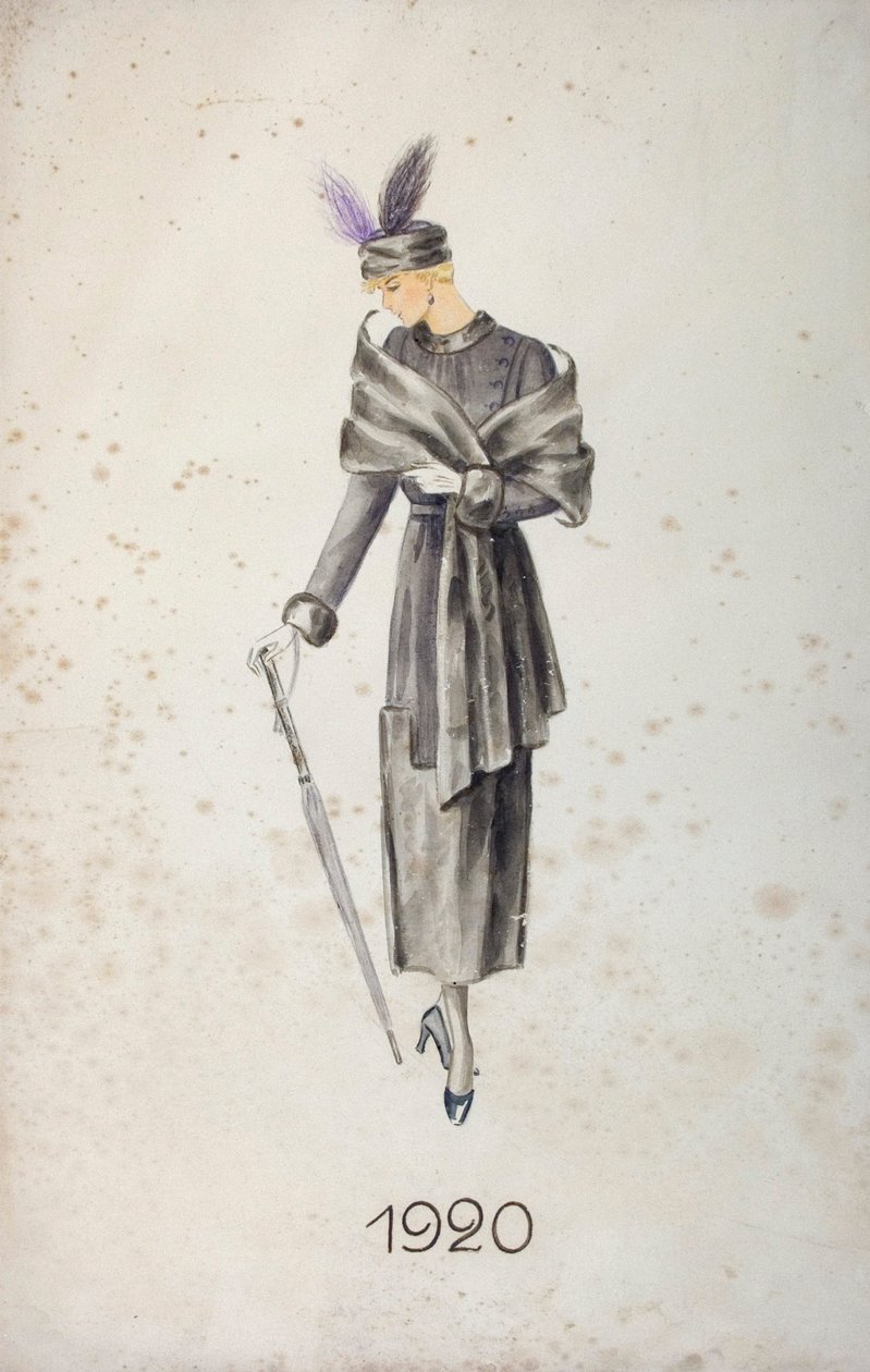 Model wearing a coat and a hat with feathers, carrying an umbrella by Unknown