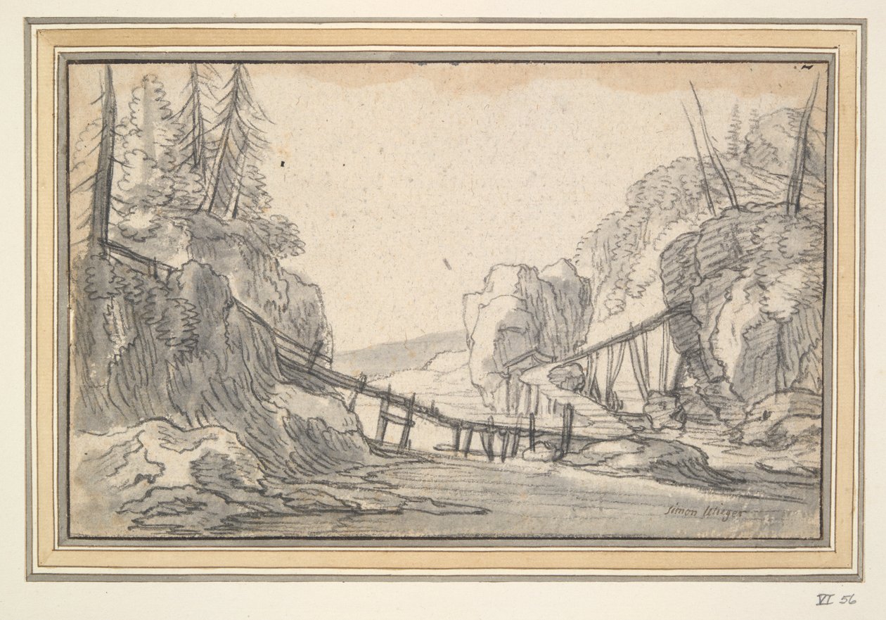 Mountainous Landscape with Wooden Footbridge by Unknown