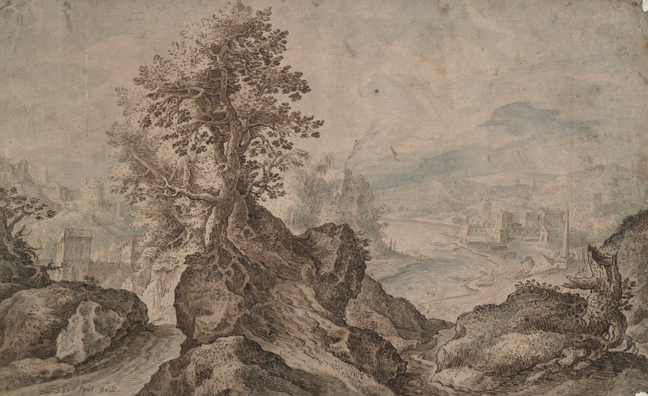 Rocky Landscape with Cities in Distance by Unknown