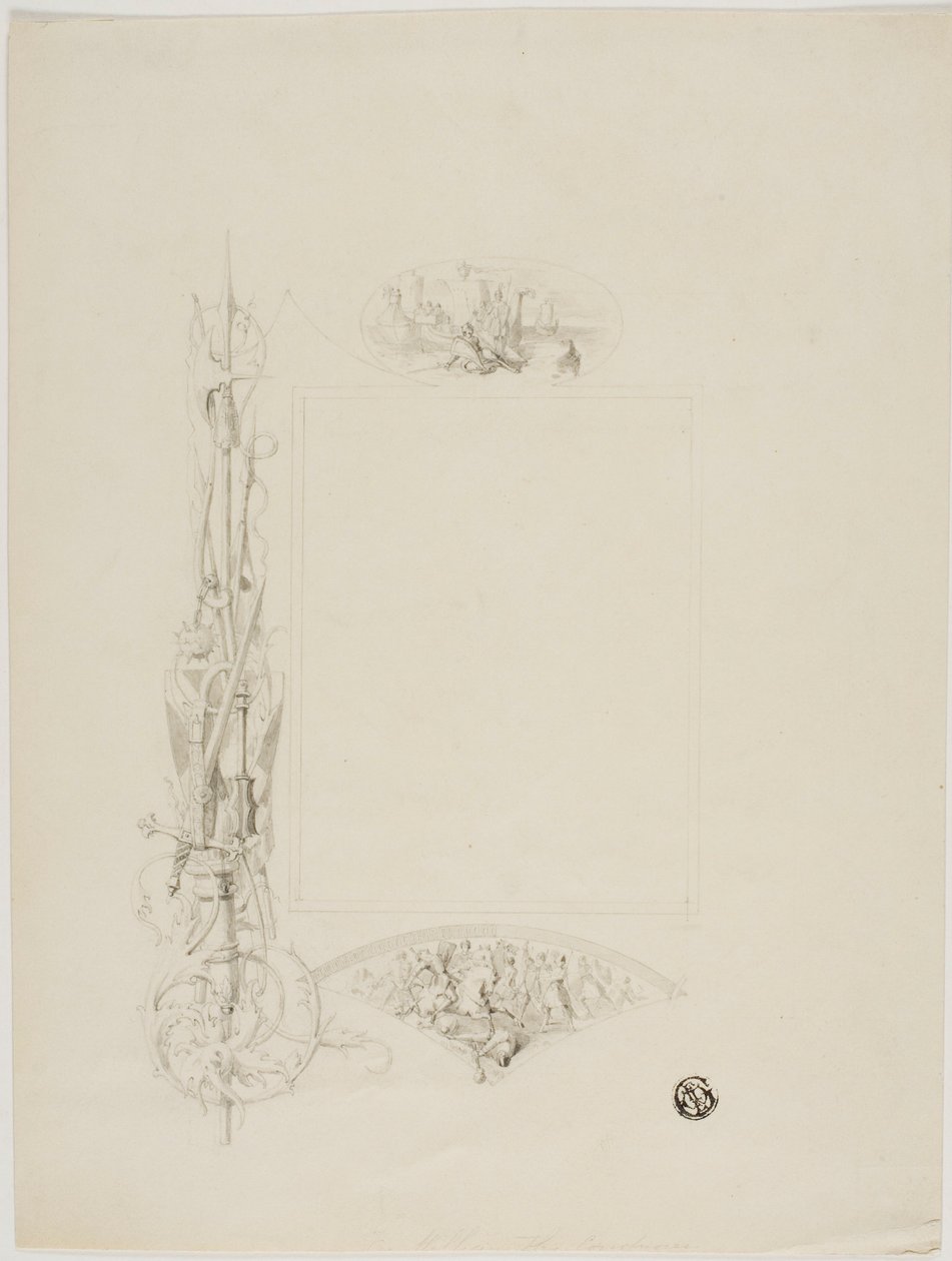 Vignette for Menu Card Decorated with Arms and Heroic Scenes by Unknown