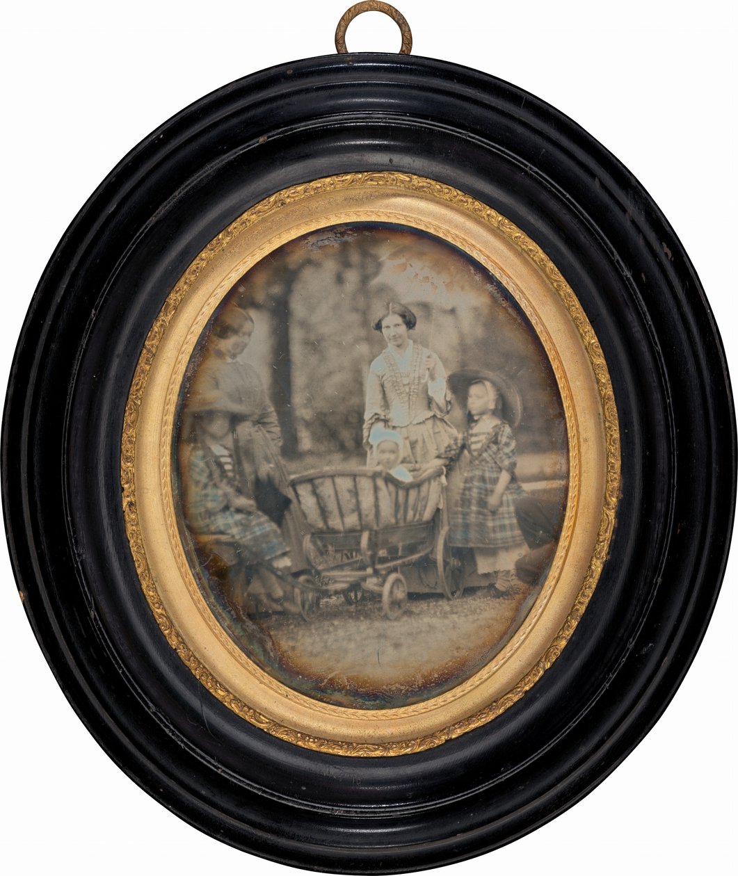 Two Women and Three Children in Garden by Unknown 19th Century