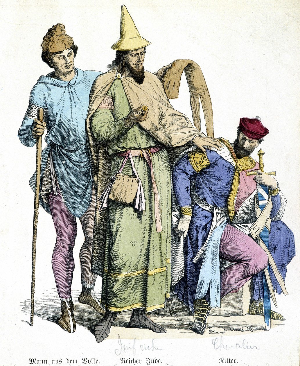 11th century costumes: rich Jew and knight - engraving by Unknown artist